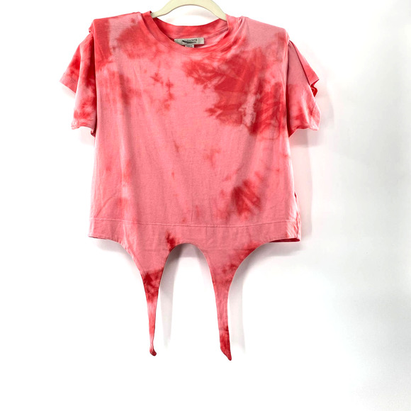ALLSAINTS Spitalfields Coni Tie Dye T-shirt Red Shoulder Pad Tie Front NWT Small - Picture 4 of 15